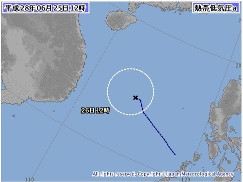 図３　平成28年6月25日12時の南シナ海にある熱帯低気圧(気象庁HPより)