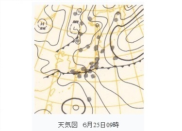 図1　地上天気図（1961年6月25日9時、気象庁HPより）