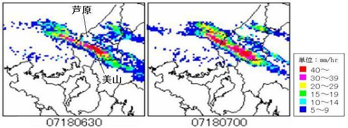 図２　平成16年7月18日の福井豪雨時の1時間雨量分布（左：6時30分、右：7時00分）