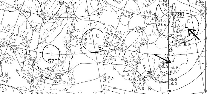 図　上空約５７００メートルの高層天気図における寒冷低気圧の（左は７月１４日９時、右は７月１５日９時）