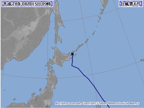 追加図　台風６号の進路（８月１５日９時現在）　