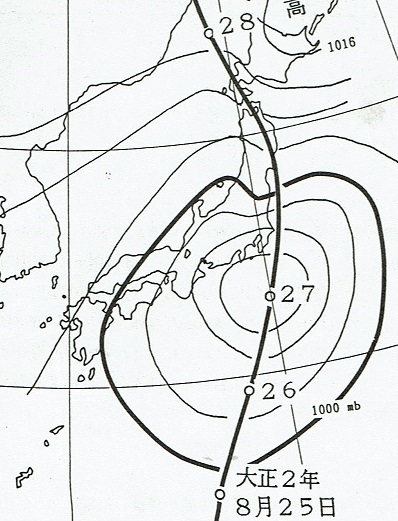図４　大正２年８月下旬に日本を襲った台風（白丸は６時の位置）