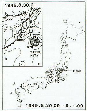 図２　享保8年８月の台風と似ていると考えられる昭和24年のキティ台風の雨量分布