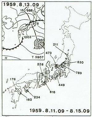 図３　享保8年８月の台風と似ていると考えられる昭和34年の台風７号の雨量分布