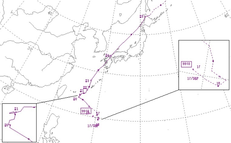図１　平成11年の台風18号の経路（気象庁HPより）