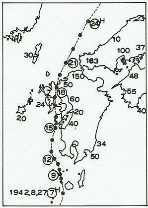図２　昭和17年8月27日の周防灘台風による高潮（単位ｃｍ、○中の数字は時刻）