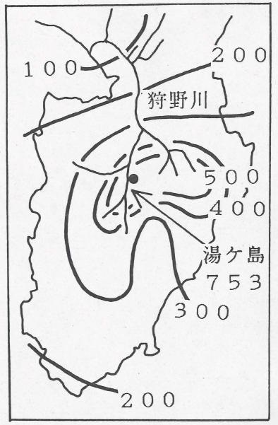 図２ 狩野川台風時の伊豆半島の総雨量（9月25日9時から29日9時●印は月ヶ瀬）