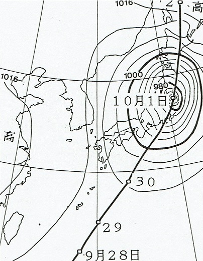 図１　大正6年10月1日6時の地上天気図と台風の経路（○印は6時の位置）