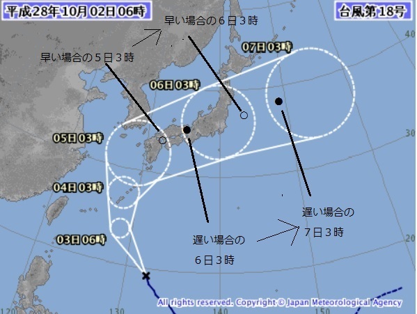 図4　台風１８号の５日予報から、早く進む場合と遅く進む場合