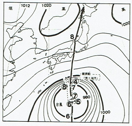 図２　昭和19年10月6日18時の天気図と観測船「第４海洋」の航跡