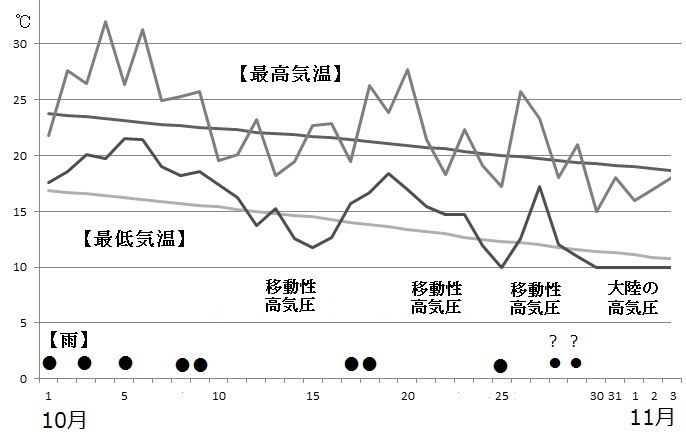 図１　東京の今年の１０月の最高気温と最低気温（28日以降は週間予報）