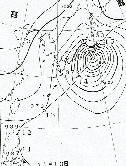 図3　七五三台風の経路と昭和7年11月14日18時の天気図