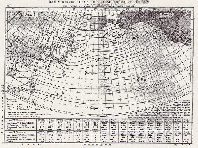 図1　世界初の広域天気図である北太平洋天気図（大正12年１月1日）