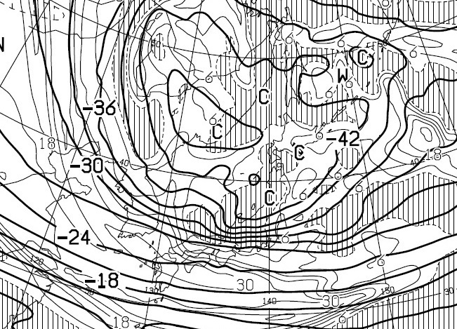 図２　土曜日（1月14日9時）の500ヘクトパスカルにおける気温予想