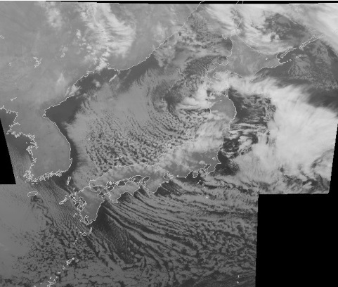 図３　気象衛星「ひまわり」から見た雪雲（1月15日0時50分）