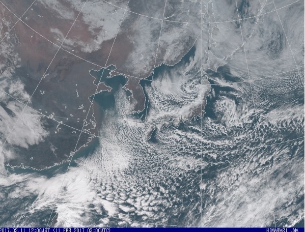 図２　気象衛星「ひまわり」のカラー画像（平成29年2月11日12時）
