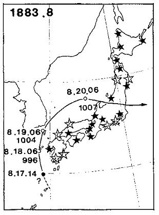 図３　最初に暴風警報を発表した明治16年8月の台風と暴風警報がスタートした時点の測候所