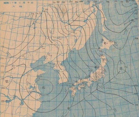 図4　昭和20年3月10日6時の地上天気図（中央気象台印刷天気図の一部）