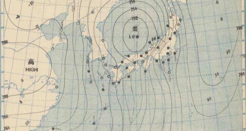 図１　地上天気図（昭和2年3月9日６時、中央気象台作成の印刷天気図の一部）