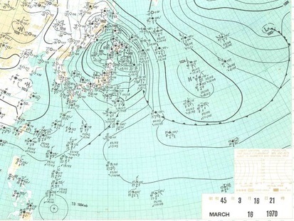 図１　気象庁のアジア太平洋天気図（1970年3月16日21時）
