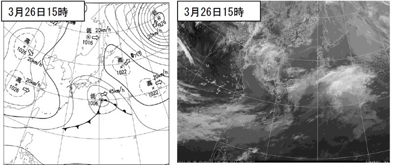 図３　３月２６日１５時の地上天気図と衛星画像（宇都宮地方気象台HPより）