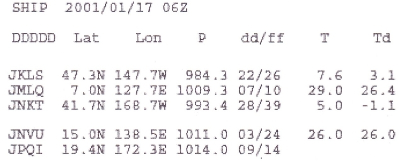 図２　平成13年１月17日06UTC（日本時間15時）の船舶からの観測表の一部