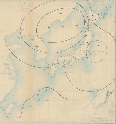 図１　中央気象台が作成した天気図（明治38年5月27日6時、デジタル台風より）