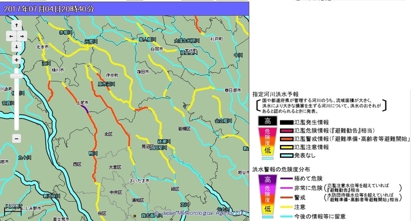 図6　埼玉県・洪水警報の危険度分布（2017年7月4日20時40分）