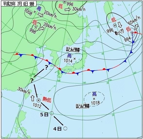 図3　地上天気図（平成29年7月6日9時、気象庁ホームページの図に加筆）