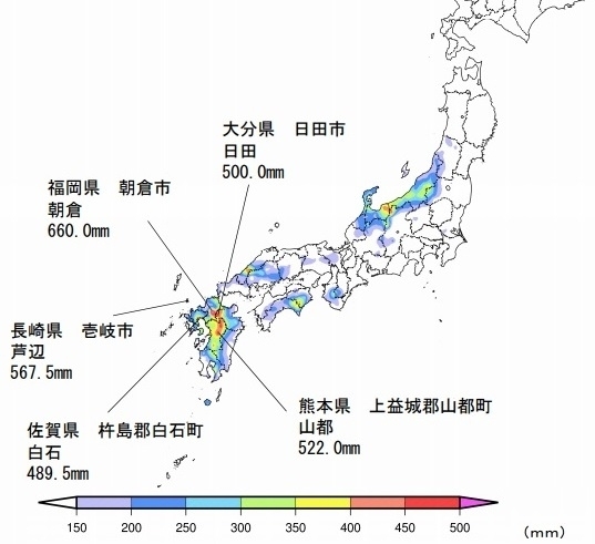 図１　全国のアメダス総降水量（2017年6月30日～7月10日）