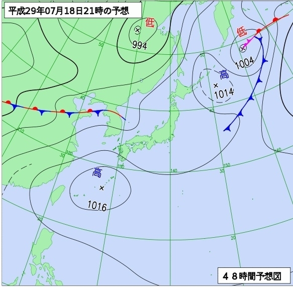 図３　予想地上天気図（平成29年7月18日21時の予想）