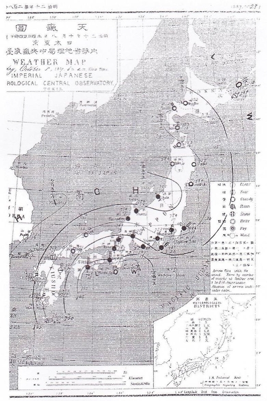 図2　神子元島の観測値が記入されている明治20年10月8日午後2時（京都時）の天気図（中央気象台作成）