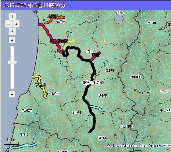 図2　秋田県洪水警報危険度分布（2017年7月23日17時30分）