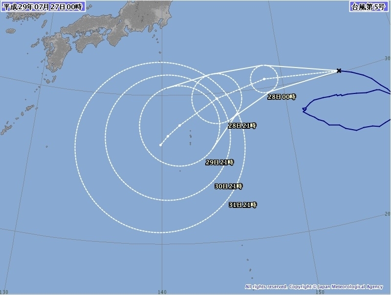 図1　台風5号の5日先までの進路予報（平成29年7月27日0時の予報）