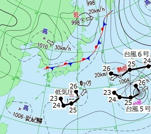 図1　台風5号と台風6号、寒冷低気圧の移動（7月25日21時頃）