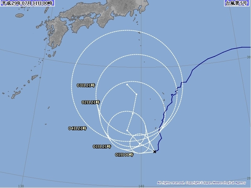 図2　台風5号の進路予報（7月31日0時の予報）