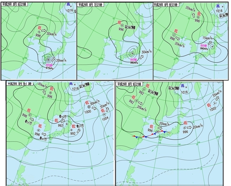 図１　台風５号に伴う地上天気図の変遷