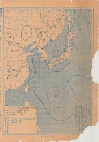 図　地上天気図（昭和20年8月15日6時、「デジタル台風」より)