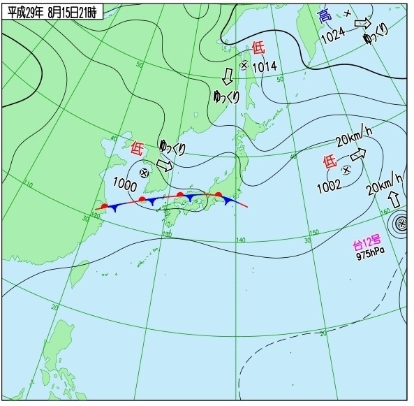 図１　地上天気図（平成２９年８月１５日２１時）