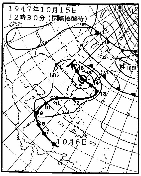 図１　昭和22年10月15日12時30分（国際標準時）の天気図