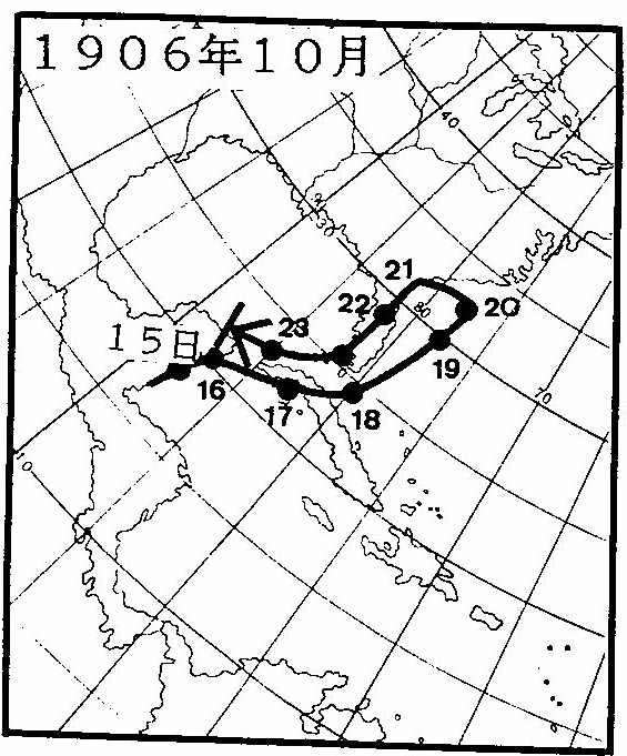 図2　明治39年10月のハリケーンの経路（黒丸は国際標準時12時30分の位置）