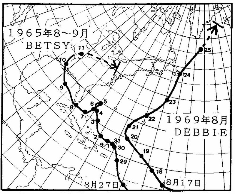 図3　昭和40年の「ベシー」と昭和44年の「デビー」の経路(黒丸は0時の位置)