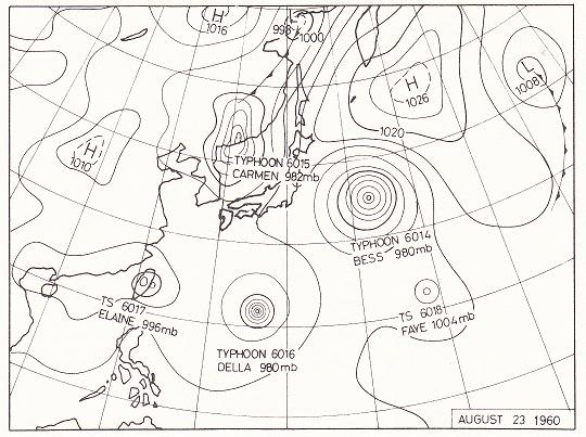 図　五輪台風時の天気図（昭和35年8月23日21時）