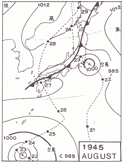 図１　昭和20年8月21日21時の天気図と２つの台風の経路