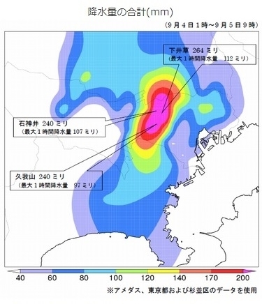 図３　東京都、埼玉県、神奈川県の降水量（9月4日1時～5日9時）