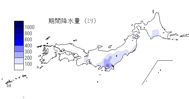 図２　狩野川台風通過時の総降水量（昭和33年9月26日～28日、気象庁ホームページより）