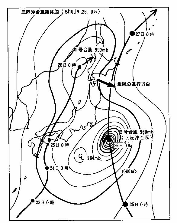 図２　昭和10年9月26日0時の地上天気図と台風経路図
