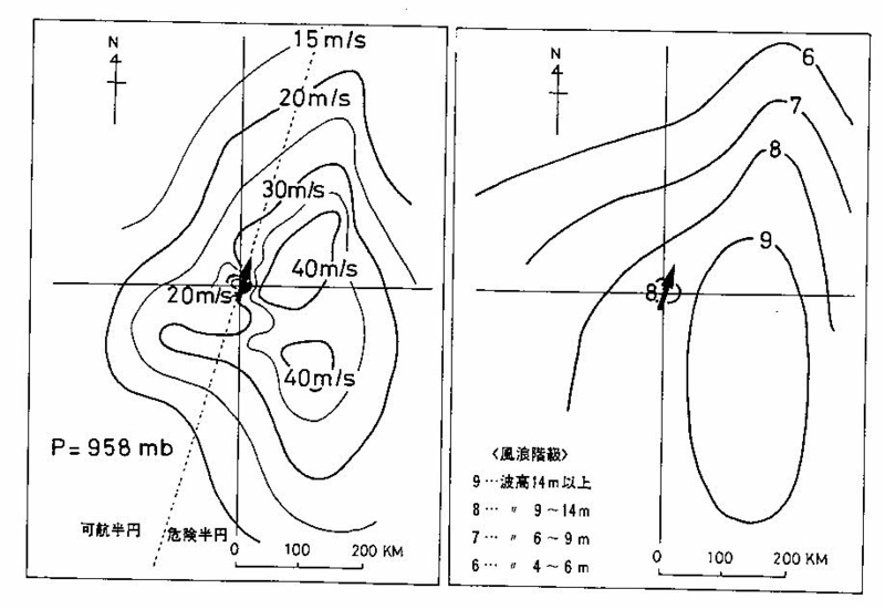 図３　台風域内の風の分布図（左）と風浪の分布図（右）