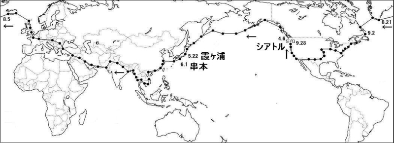 図１　飛行機による初の世界一周の経路