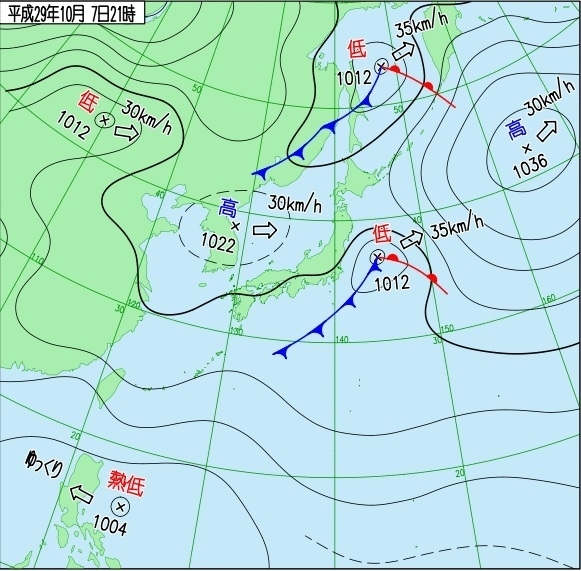 図２　地上天気図（平成29年10月7日21時、気象庁ホームページより）